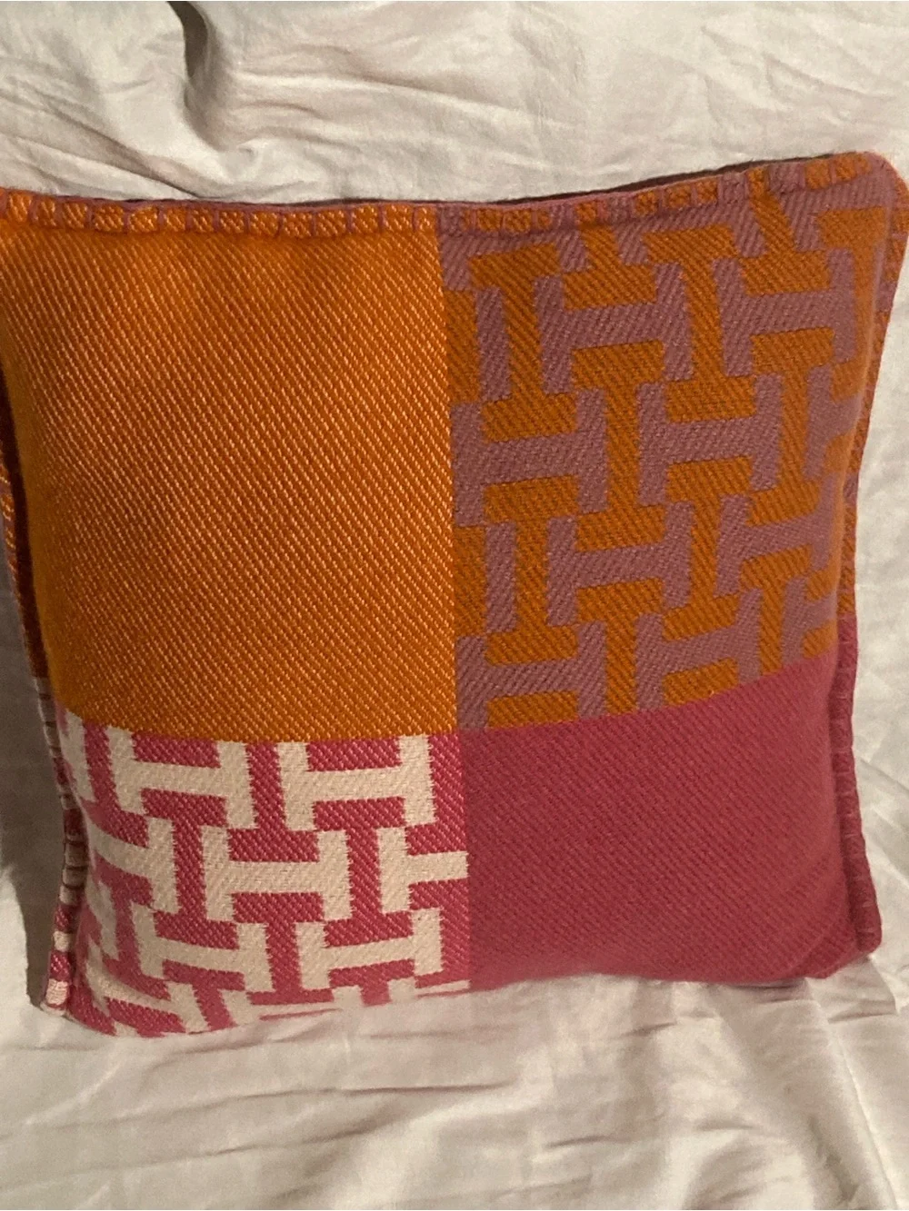 Hermes Orange and Pink Patchwork Accent Pillow